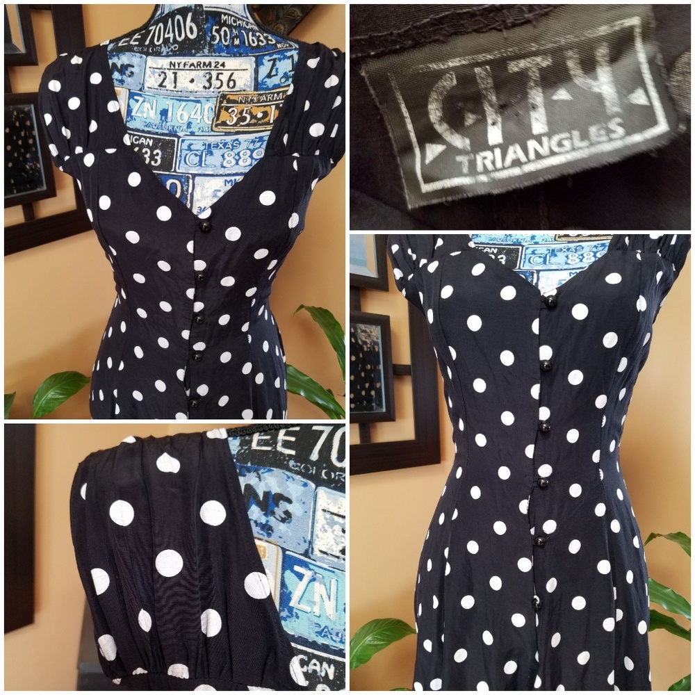 (SOLD)CITY TRIANGLES BLACK & WHITE POLKA DOT DRESS - Picture 7 of 8